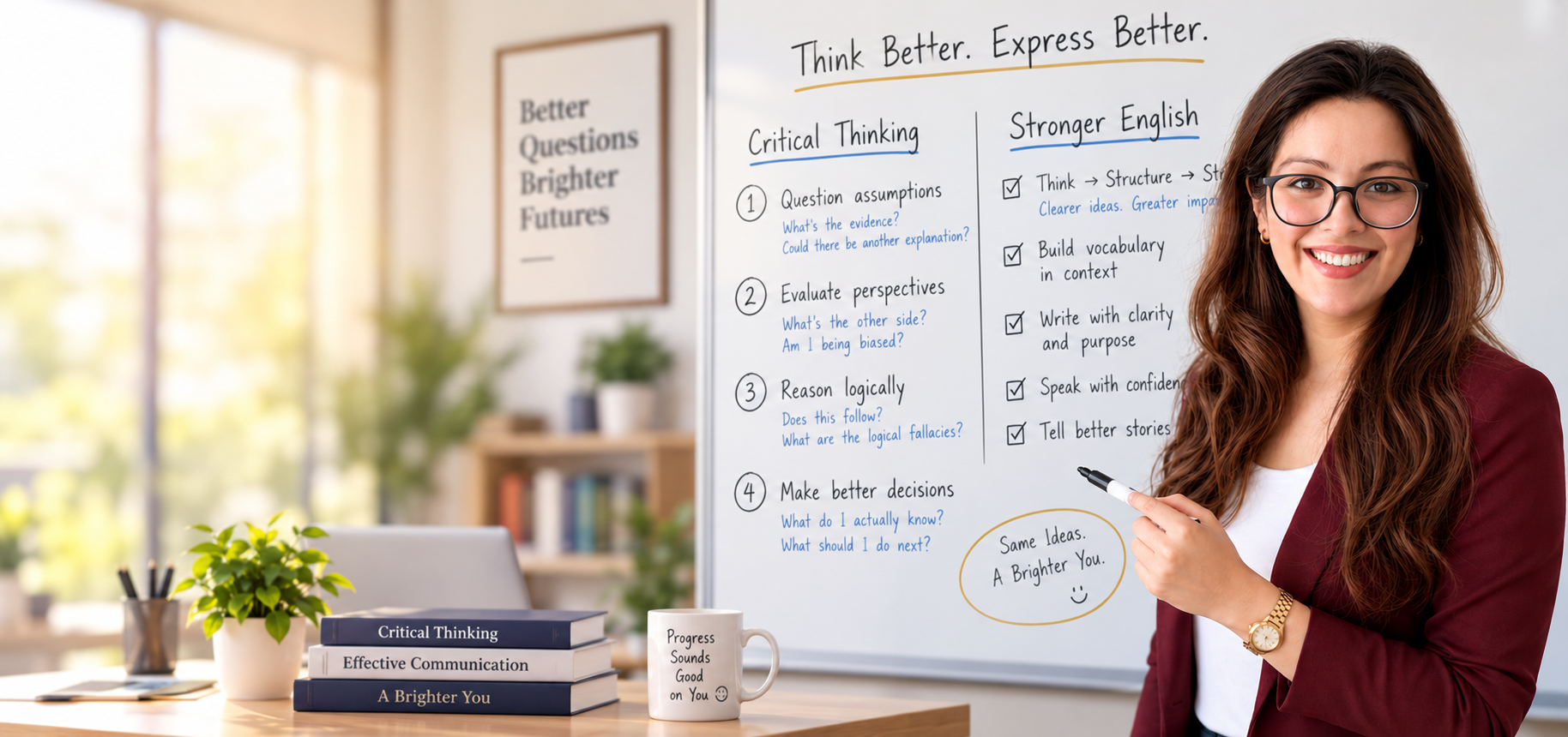 English teacher smiling beside a whiteboard with critical thinking and English lessons
